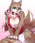  &lt;3 2020 anthro big_breasts blue_eyes blush breasts brown_body brown_fur canid canine claws clothed clothing female fur hi_res huge_breasts kemono kurosuke0755 looking_at_viewer mammal multi_tail neck_tuft open_mouth open_smile simple_background sitting smile solo tuft 