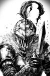  1boy armor blood bloody_weapon breastplate facing_viewer fur_trim gimgugnae gloves goblin_slayer goblin_slayer! greyscale hand_up helmet highres holding holding_weapon korean_commentary male_focus monochrome pauldrons plume short_sword shoulder_armor simple_background solo sword upper_body vambraces weapon white_background 