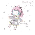  &gt;_&lt; 1girl ahoge ameno_ryuu blunt_bangs blunt_ends blush closed_mouth coat collared_jumpsuit commentary_request dated deformed dot-matrix grey_coat grey_jumpsuit happy_birthday highres jumpsuit kishimen_hair long_sleeves love_live! love_live!_nijigasaki_high_school_idol_club masked mechanical_tail medium_hair official_alternate_costume pink_hair rina-chan_board smile solo tail tennoji_rina tsunagaru_connect_(love_live!) white_background 