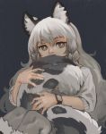  2020 animal_humanoid arknights braided_hair clock felid felid_humanoid female grey_hair hair humanoid inner_ear_fluff mammal mammal_humanoid paintrfiend pantherine pantherine_humanoid pramanix_(arknights) simple_background sitting snow_leopard_humanoid solo tail_hug tuft watch wristwatch 