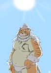  2020 29_da2 anthro bulge clothing cute_fangs eyes_closed felid hi_res hombretigre humanoid_hands kemono male mammal outside overweight overweight_anthro overweight_male pantherine solo sun swimwear tiger tokyo_afterschool_summoners video_games 