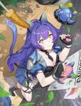  1girl :3 absurdres against_wall ahoge animal_ears black_shirt blue_footwear blue_jacket blue_skirt blunt_bangs breasts cat_teaser cleavage commentary_request eversoul fake_animal_ears fingerless_gloves fish_bone floating gloves green_eyes hair_between_eyes hair_ornament high_heels highres jacket korean_commentary leaf long_hair looking_at_object medium_breasts mouse_(animal) octopus onyx_(eversoul) paw_print_palms poster_(object) purple_hair purple_nails see-through_clothes see-through_dress_layer see-through_skirt shirt short_sleeves sidelocks single_sock skirt socks solo sparkling_eyes squid_girl standing standing_on_one_leg sweatdrop tentacle_hair thigh_strap wooju_o 