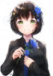  1girl bangs blue_flower blue_neckwear blush breasts brown_hair clip_studio_paint_(medium) eyebrows_visible_through_hair flower green_eyes grin hair_flower hair_ornament hairclip hands_up highres hiromaster_sinta_jh holding holding_flower large_breasts long_sleeves looking_at_viewer necktie original shirt short_hair signature smile solo symbol_commentary upper_body white_background x_hair_ornament 