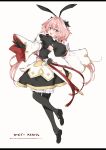  1boy animal_ears armor armored_dress astolfo_(fate) astolfo_(saber)_(fate) bangs black_bow black_footwear black_gloves black_legwear black_ribbon blush bow bowtie bunny_ears bunny_hair_ornament dress fate/grand_order fate_(series) full_body gloves hair_bow hair_intakes hair_ornament hair_ribbon happy haruyuki_(yukichasoba) highres long_hair long_sleeves looking_at_viewer low_twintails male_focus multicolored_hair open_mouth otoko_no_ko pink_hair purple_eyes ribbon simple_background smile solo streaked_hair sword thighhighs twintails weapon white_background 