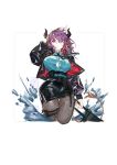  1girl animal_ears aqua_shirt arknights black_jacket black_legwear black_skirt border breasts button_gap chinese_commentary cleavage closed_mouth collared_shirt commentary cow_ears cow_horns cowboy_shot eyebrows_visible_through_hair facial_scar highres holding holding_weapon horns jacket large_breasts looking_at_viewer medium_hair miniskirt open_clothes open_jacket orange_eyes outside_border pantyhose pipidan purple_hair scar scar_on_cheek shirt sideroca_(arknights) simple_background skirt solo symbol_commentary thigh_strap traditional_media weapon white_background wing_collar 