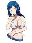  1girl aqua_eyes artist_name batta_16-sei bikini blue_hair blush_stickers breasts closed_mouth collarbone commentary_request cropped_torso denim finger_to_mouth gundam gundam_build_fighters head_tilt highres index_finger_raised iori_rinko large_breasts long_hair looking_at_viewer navel simple_background smile solo split_mouth stomach swimsuit white_background white_bikini 