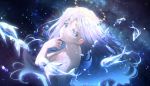  1girl breasts chromatic_aberration commentary english_commentary finger_to_cheek fish from_side halo highres kaze-hime long_hair looking_at_viewer looking_back nude original parted_lips purple_eyes qinni_(artist) sky solo star_(sky) starry_sky tears upper_body water_drop white_hair 