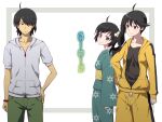 1boy 2girls ahoge araragi_karen araragi_koyomi araragi_tsukihi arm_at_side black_eyes black_hair black_shirt closed_mouth collarbone copyright_name egg_hair_ornament food-themed_hair_ornament green_kimono green_pants grey_sweater hair_ornament hand_on_own_hip hiroki_eiki hood hood_down hooded_sweater japanese_clothes kimono looking_at_another monogatari_(series) multiple_girls nisemonogatari official_style pants shirt short_hair short_sleeves siblings side_ponytail smile sweater wristband 