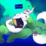 2024 2_tails anthro belly big_belly canid canine english_text feet fluffy fluffy_tail fox green_body hair hand_on_belly hi_res hindpaw internal ken_tsung_(wildside) male mammal multi_tail navel navel_vore nipples paws simple_background sitting squirming tail text thick_thighs vore watermark wide_hips wildside wobbling_belly