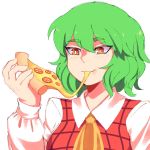  1girl ascot cheese_trail collared_shirt eating eyebrows_visible_through_hair food green_hair holding holding_food holding_pizza kazami_yuuka lanalopez92 long_sleeves pizza pizza_slice plaid plaid_vest portrait red_eyes shirt short_hair solo touhou vest white_background 