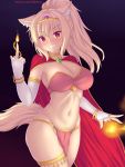  1girl animal_ear_fluff animal_ears bandeau bangle bangs blonde_hair blush bracelet breasts cape cat_ears cat_girl cat_tail circlet cleavage commentary_request elbow_gloves eyebrows_visible_through_hair fingerless_gloves fire gloves grin groin hair_between_eyes high_ponytail highres jewelry long_hair looking_at_viewer medium_breasts middle_finger navel nottytiffy original pelvic_curtain ponytail red_cape red_eyes slit_pupils smile solo strapless tail tiffy_(nottytiffy) v-shaped_eyebrows watermark web_address white_gloves 