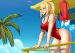  1girl absurdres beach blonde_hair blue_eyes blue_sky blush breasts cleavage cloud day echo_saber high_ponytail highres large_breasts leaning_on_rail lifeguard long_hair metroid one-piece_swimsuit outdoors palm_tree ponytail railing red_cross red_swimsuit samus_aran sky smile solo summer sweat swimsuit swimwear tree whistle whistle_around_neck 