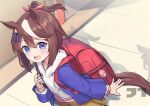  2girls :d absurdres aged_down animal_ears backpack bag blue_eyes blue_jacket brown_skirt commentary crime_prevention_buzzer ear_ribbon hair_ribbon highres hood hooded_sweater horse_ears horse_girl horse_tail jacket jtleeklm looking_at_viewer multicolored_hair multiple_girls pink_ribbon ponytail randoseru red_bag ribbon shadow signature skirt smile solo_focus streaked_hair sweater symboli_rudolf_(umamusume) tail tokai_teio_(umamusume) umamusume white_sweater 