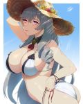  1girl algerie_(azur_lane) algerie_(white_sand_angel)_(azur_lane) arm_up ass azur_lane bangs bikini breasts cleavage drill_hair eyebrows_visible_through_hair fingernails flower grey_hair hair_between_eyes hat hat_flower highres large_breasts long_hair mimiko_(fuji_310) mole mole_under_eye nail_polish o-ring open_mouth purple_eyes red_flower red_nails skindentation solo straw_hat swimsuit very_long_hair white_bikini white_flower yellow_flower yellow_headwear 