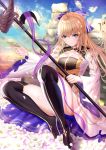  1girl a-by absurdres aqua_eyes artoria_pendragon_(all) artoria_pendragon_(caster) black_legwear blonde_hair blue_sky bow cloud commentary_request dress fate/grand_order fate_(series) hair_bow highres holding holding_staff light_blush light_smile long_hair purple_bow sitting sky solo staff thighhighs white_dress white_sleeves wide_sleeves 