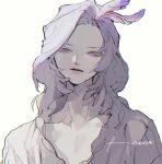  1boy blue_eyes closed_mouth dadadadadaist feather_hair_ornament feathers final_fantasy final_fantasy_ix grey_hair grey_shirt hair_ornament half-closed_eyes highres kuja looking_at_viewer male_focus medium_hair otoko_no_ko pale_skin parted_bangs shirt sign solo upper_body white_background 
