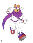 avian badgerben big_breasts bird blue_eyes bottomwear breast_expansion breasts cleavage clothed clothing expansion eyelashes eyewear female footwear glasses gloves handwear heart_symbol hi_res huge_breasts jewelry kerchief midriff_grab necklace nipples open_mouth pants purple_body sega shoes solo sonic_riders sonic_the_hedgehog_(series) third-party_edit topwear torn_clothing tube_top walking wave_the_swallow worried