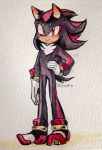 1boy animal_ears artist_name black_hair blush closed_mouth commentary english_commentary full_body furry gloves hand_on_hip heart highres light_blush looking_at_viewer male_focus multicolored_footwear multicolored_hair red_eyes red_hair shadow_the_hedgehog shoes sideways_mouth signature simple_background solo sonic_the_hedgehog spacecolonie standing tail traditional_media two-tone_hair white_background white_gloves 