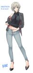  1girl aged_up anastasia_(idolmaster) artist_name black_jacket blonde_hair blue_eyes breasts character_name choppy_bangs denim english_text full_body halterneck high_heels idolmaster idolmaster_cinderella_girls idolmaster_cinderella_girls_starlight_stage jacket jeans k52 large_breasts looking_at_viewer medium_breasts navel pants short_hair signature solo turtleneck 