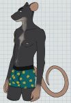 2024 anthro bedroom_eyes biped black_body black_eyebrows black_fur blue_clothing blue_underwear body_hair boxers_(clothing) boxers_only bulge checkered checkered_background claws clothed clothing curled_tail digital_drawing_(artwork) digital_media_(artwork) echo_(series) echo_project eyebrows fur happy_trail hi_res long_tail looking_aside male male_anthro mammal multicolored_body murid murine narrowed_eyes navel nipples partially_clothed partially_clothed_male pattern_background pattern_clothing pink_body pink_inner_ear pink_nipples pink_nose pink_skin portrait ralph_(the_smoke_room) rat rodent seductive short_fur simple_background skinny slim solo standing tail tan_body tan_fur teeth the_smoke_room three-quarter_portrait topless underwear underwear_only unsafescapewolf whiskers white_background white_claws