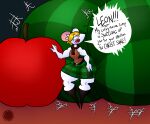 angry anthro apple artist_logo artist_name belt big_butt black_boots black_clothing black_footwear blonde_hair boots bottom_heavy bottomwear bubble_butt butt butt_expansion butt_outline capcom clothed clothing crossdressing crossgender curvy_figure emanata english_text expansion eyelashes featureless_feet feet femboy flash_emanata food footwear fruit fur glistening glistening_hair gradient_background green_bottomwear green_clothing green_skirt hair hand_on_leg hand_on_object hand_on_thigh hi_res huge_butt hyper hyper_butt inner_ear_fluff logo looking_back male mammal micro mouse moushley murid murine orange_clothing orange_sweater orange_topwear plant red_scarf resident_evil rodent scarf shoes signature simple_background skirt sleeveless_sweater small_waist solo speech_bubble sweater tartan_skirt text thatdawgmurray thick_thighs toony topwear tuft watermark white_body white_fur wide_hips yelling