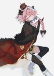  1boy armor armored_dress astolfo_(fate) black_bow black_dress black_legwear boots bow braid cloak closed_mouth dress fate/apocrypha fate/grand_order fate_(series) full_body fur-trimmed_cloak fur_trim hair_bow hair_intakes light_smile long_braid long_hair long_sleeves looking_to_the_side male_focus multicolored_hair otoko_no_ko pink_eyes pink_hair simple_background single_braid sitting smile solo streaked_hair thighhighs white_background white_cloak white_footwear yuno_tsuitta 