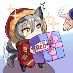  1girl afterimage animal_ears arknights birthday box chibi gift gift_box happy happy_birthday hm_(hmongt) holding hood hooded_jacket jacket looking_up projekt_red_(arknights) red_jacket sparkle sparkling_eyes tail tail_wagging wolf_ears wolf_girl wolf_tail yellow_eyes 
