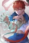  1boy bandaged_arm bandages blood blood_on_face blue_sleeves brown_hair commentary_request denim emiya_shirou fate/stay_night fate_(series) highres jeans looking_at_viewer muscle navel pants raglan_sleeves shirt short_hair solo tapioka_(oekakitapioka) white_shirt 