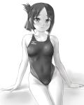  1girl :3 bangs breasts collarbone commentary_request competition_swimsuit cowboy_shot folded_ponytail greyscale hair_ribbon highres kaguya-sama_wa_kokurasetai_~tensai-tachi_no_renai_zunousen~ long_hair looking_at_viewer mizuno monochrome one-piece_swimsuit parted_bangs ribbon shinomiya_kaguya simple_background sitting small_breasts solo swimsuit thigh_gap tk4 