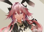  1boy animal_ears artist_name astolfo_(fate) astolfo_(saber)_(fate) bangs black_bow black_gloves black_ribbon bow bowtie bunny_ears bunny_hair_ornament closed_mouth fate/grand_order fate_(series) gloves hair_between_eyes hair_bow hair_intakes hair_ornament hair_ribbon happy kuu_1999 long_hair long_sleeves looking_at_viewer low_twintails male_focus multicolored_hair otoko_no_ko pink_hair purple_eyes ribbon simple_background smile solo streaked_hair thighhighs tongue tongue_out twintails twitter_username upper_body 