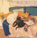  ^_^ animal animal_focus animal_hands artist_name black_cat black_eyes blanket bookshelf calico calico_cat cat closed_eyes closed_mouth commentary commission couch cushion day english_commentary flower highres instagram_logo instagram_username jun-hug living_room looking_at_viewer looking_down no_humans on_couch orange_cat original pink_flower pink_rose plaid_blanket rose stretching sunlight tumblr_logo tumblr_username vase white_cat 