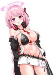 1girl bare_shoulders bikini black_bikini black_jacket blue_archive blush breast_zipper breasts cleavage cowboy_shot eimi_(blue_archive) halo headphones headphones_around_neck jacket large_breasts long_hair long_sleeves looking_at_viewer miniskirt navel off_shoulder open_clothes open_jacket open_mouth pink_eyes pink_hair pink_halo pleated_skirt purple_eyes rumiya9i simple_background skirt solo standing stomach swimsuit twintails white_background 