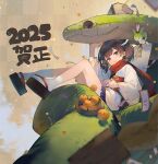  1girl 2025 :3 animal brown_eyes brown_hair chinese_zodiac commentary_request creature food fruit giant_snake green_snake hagoita headgear highres looking_at_viewer new_year okobo omikuji orange_(fruit) oversized_animal paddle red_scarf sandals scarf shirinda_fureiru snake socks solo tabi touhoku_kiritan voiceroid white_socks year_of_the_snake zundamon 