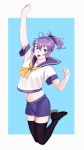  1girl aoba_(kantai_collection) aqua_background black_legwear blue_eyes blue_scrunchie border commentary full_body hair_ornament hair_scrunchie highres jumping kantai_collection looking_at_viewer navel neckerchief ojipon ponytail purple_hair purple_sailor_collar purple_shorts raised_fist sailor_collar school_uniform scrunchie serafuku shorts solo thighhighs two-tone_background white_border yellow_neckwear 