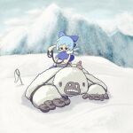  1girl absurdres black_eyes blue_bow blue_dress blue_hair blue_sky bow butterfly_net cirno cloud commentary_request cookie_(touhou) dress full_body hair_bow hand_net head_bump highres holding_lasso ice ice_wings lasso looking_at_viewer micha_(cookie) mountain muimui_(4242564muimui) open_mouth outdoors pinafore_dress puffy_short_sleeves puffy_sleeves rope shirt short_hair short_sleeves sky sleeveless sleeveless_dress smile snot snow touhou white_shirt wings yeti_(creature) 