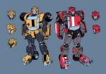  2boys absurdres autobot blue_background bumblebee character_name clenched_hands cliffjumper english_commentary glowing glowing_eyes highres horns i_heart... insignia lextodrawstuff multiple_boys multiple_views no_humans redesign standing transformers 