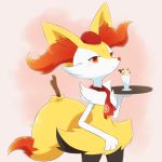  1:1 ambiguous_gender anthro big_tail black_body black_fur blush bow_tie braixen canid canine chest_tuft clothing dessert fingers food fur hair hat headgear headwear holding_object ice_cream kemonobito looking_at_viewer mammal nintendo orange_body orange_eyes orange_fur orange_nose pok&eacute;mon pok&eacute;mon_(species) pokemon_cafe_mix pupils shoulder_tuft slit_pupils solo stick tuft video_games white_body white_fur yellow_body yellow_fur 