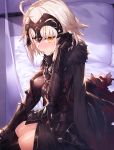  1girl ahoge bangs black_cape black_dress black_legwear blush breasts cape chain commentary_request dress eyebrows_visible_through_hair fate/grand_order fate_(series) fur-trimmed_cape fur_trim hand_up highres ibuki_notsu jeanne_d&#039;arc_(alter)_(fate) jeanne_d&#039;arc_(fate)_(all) large_breasts looking_at_viewer nose_blush parted_lips pillow short_dress silver_hair sitting solo thighs vambraces yellow_eyes 