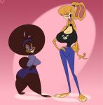  accessory afro anthro barefoot berry_wabeet_(slb) big_breasts big_butt black_clothing black_shirt black_topwear blue_bottomwear blue_clothing blue_pants bottomwear breasts brown_body brown_fur brown_hair buckteeth butt carrie_wabeet_(slb) cleavage clothed clothing countershade_torso countershading digital_media_(artwork) duo eyeshadow female fur green_eyes hair hair_accessory hair_tie hairband hand_on_hip huge_breasts lagomorph leporid lipstick looking_back makeup mammal open_mouth pants pink_background ponytail purple_bottomwear purple_clothing purple_hairband purple_lipstick purple_shirt purple_shorts purple_topwear rabbit shirt shorts simple_background size_difference slb small_waist standing tan_body tan_fur teeth tied_ears tongue topwear wide_hips 