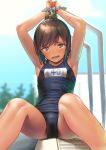  1girl armpits black_swimsuit blush brown_eyes brown_hair collarbone feet_out_of_frame highres i-401_(kantai_collection) kantai_collection name_tag one-piece_swimsuit open_mouth ponytail restrained rope school_swimsuit shiden_(sashimi_no_wife) short_hair solo swimsuit 