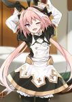  1boy astolfo_(fate) astolfo_(saber)_(fate) bangs black_bow black_dress black_gloves black_legwear black_neckwear black_ribbon blush bow bowtie bunny_pose buttons dress fang fate/grand_order fate_(series) gloves hair_intakes hands_up highres juliet_sleeves layered_skirt long_hair long_sleeves looking_at_viewer low_twintails multicolored_hair one_eye_closed open_mouth otoko_no_ko pink_hair puffy_sleeves purple_eyes ribbon shengtian skin_fang skirt smile streaked_hair twintails white_hair white_skirt 