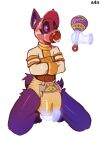 ambiguous_gender anthro baby_bonnet bodily_fluids bonnet clothing diaper disembodied_hand genital_fluids headgear headwear hi_res hood latex latex_clothing latex_headwear latex_hood rattle s4n solo unclean_diaper unknown_species urine used_diaper wet_diaper