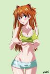  1girl artist_name bare_arms blue_eyes blue_shorts blush collarbone commentary eyebrows_visible_through_hair green_background groin hair_between_eyes hands_up interface_headset lips long_hair lowleg lowleg_shorts midriff navel neon_genesis_evangelion older red_hair shikinami_asuka_langley shirt_lift short_shorts shorts simple_background solo souryuu_asuka_langley standing tank_top yamayoshi yellow_tank_top 