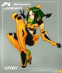  1girl artist_name diiishiii green_hair looking_at_viewer mclaren mclaren_f1 mecha_musume midriff_cutout original personification red_eyes short_hair solo v vehicle_name 