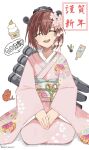  1girl 2025 brown_hair closed_eyes commentary_request facing_viewer fish floral_print flower food fruit gomashiopappa_k hagoita hair_flower hair_ornament hane_(hanetsuki) hanetsuki headgear highres japanese_clothes kantai_collection kimono mandarin_orange mochi nengajou new_year open_mouth paddle pink_kimono round_teeth seiza short_hair simple_background sitting solo speaking_tube_headset teeth torpedo_launcher upper_teeth_only v_arms white_background yukikaze_(kancolle) 