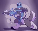  anthro claws fur glistening goo_transformation grey_body grey_fur hand_spike hi_res latex_transformation lucario male nintendo pastelcore pok&eacute;mon pok&eacute;mon_(species) red_eyes rubber solo standing toe_claws transformation video_games white_body white_fur 