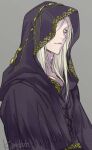  1boy artist_name black_robe closed_mouth colored_skin dark_souls_(series) dark_souls_i dark_sun_gwyndolin from_side grey_background hood hood_up hooded_robe k34dsds long_hair male_focus robe simple_background solo upper_body white_hair white_skin yellow_eyes 