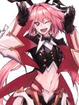  1boy animal_ears armor armored_dress astolfo_(fate) astolfo_(saber)_(fate) bangs black_bow black_gloves black_legwear black_ribbon bow bowtie bunny_ears bunny_hair_ornament dress fate/grand_order fate_(series) gloves hair_bow hair_intakes hair_ornament hair_ribbon happy highres long_hair long_sleeves looking_at_viewer low_twintails male_focus midriff momomogeta multicolored_hair one_eye_closed open_mouth otoko_no_ko pink_hair purple_eyes ribbon simple_background smile solo streaked_hair twintails upper_body white_background 