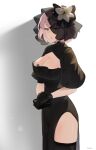  1girl absurdres alternate_costume artist_name black_gloves blush breasts brown_eyes cleavage cleavage_cutout clothing_cutout commentary cowboy_shot dress english_commentary funeral_dress girls&#039;_frontline gloves highres kion-kun large_breasts lipstick makeup mole mole_under_mouth pelvic_curtain puffy_short_sleeves puffy_sleeves short_sleeves solo thighhighs twitter_username type_92_(girls&#039;_frontline) 