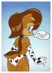 animal_print anthro archie_comics armwear blue_eyes border brown_body brown_hair butt chipmunk clothed clothing collar colono cow_print detached_sleeves dialogue ear_piercing ear_tag female ground_squirrel hair looking_back mammal nervous_smile piercing rodent sally_acorn sciurid sega solo sonic_the_hedgehog_(archie) sonic_the_hedgehog_(comics) sonic_the_hedgehog_(series) speech_bubble tail topless topless_female underwear white_border